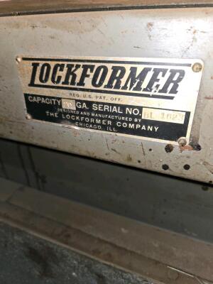 LOCKFORMER PITTSBURGH LOCK MACHINE; 20 GAUGE CAPACITY; .036" MILD STEEL; 60" WORKING WIDTH; MACHINE DIMENSIONS 62" x 18" x 38" OVERALL; WEIGHT 670 lbs.; 1 HP MOTOR; STANDARD PITTSBURGH HEAD INCLUDED; SERIAL NUMBER: BL-1623 - 4
