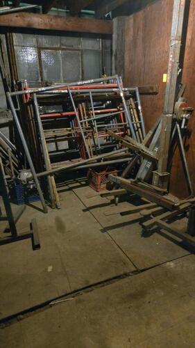 LOT SCAFFOLDING EQUIPMENT; HVAC DUCT AND CHANNELS OF ALL SIZES; PVC; SUPPLIES; SHELVES; SHOP FAN; DOWNSTAIRS AND UPSTAIRS