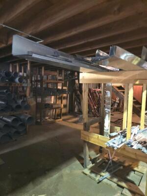 LOT SCAFFOLDING EQUIPMENT; HVAC DUCT AND CHANNELS OF ALL SIZES; PVC; SUPPLIES; SHELVES; SHOP FAN; DOWNSTAIRS AND UPSTAIRS - 10