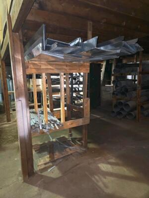 LOT SCAFFOLDING EQUIPMENT; HVAC DUCT AND CHANNELS OF ALL SIZES; PVC; SUPPLIES; SHELVES; SHOP FAN; DOWNSTAIRS AND UPSTAIRS - 11