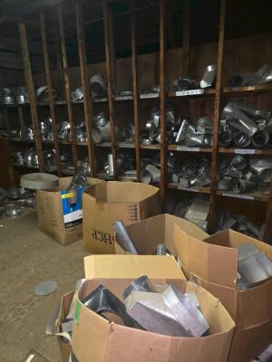 LOT SCAFFOLDING EQUIPMENT; HVAC DUCT AND CHANNELS OF ALL SIZES; PVC; SUPPLIES; SHELVES; SHOP FAN; DOWNSTAIRS AND UPSTAIRS - 23