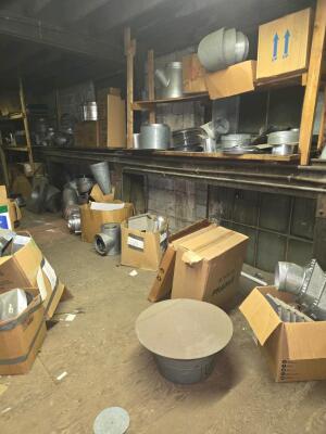 LOT SCAFFOLDING EQUIPMENT; HVAC DUCT AND CHANNELS OF ALL SIZES; PVC; SUPPLIES; SHELVES; SHOP FAN; DOWNSTAIRS AND UPSTAIRS - 25