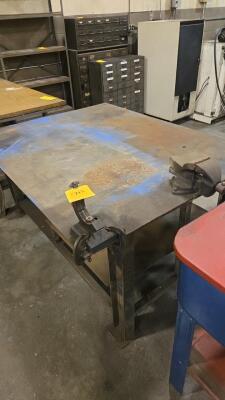 LOT STEEL TABLES, BENCHES, PARTS CABINETS, SHELVES AND FOREMANS DESK