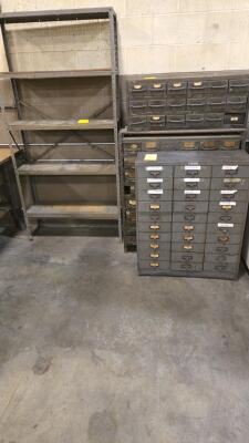 LOT STEEL TABLES, BENCHES, PARTS CABINETS, SHELVES AND FOREMANS DESK - 3