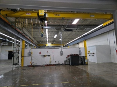 MAZELLA BRIDGE CRANE; (1) 10 TON HOIST; (1) 5 TON HOIST; PENDANT CONTROLS; UNDER-HUNG; APPROXIMATELY 30' X 100' TRAVEL; REMOVAL COST TBD - 10