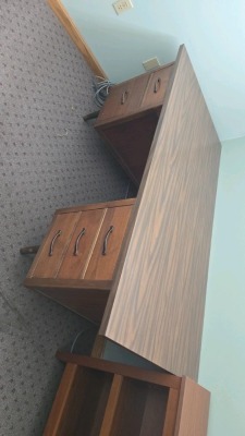 (2) WOOD BOOK SHELVES, CREDENZA, DESK & (2) 4 DRAWER FILE CABINETS - 3
