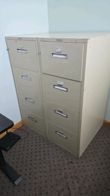 (2) WOOD BOOK SHELVES, CREDENZA, DESK & (2) 4 DRAWER FILE CABINETS - 4