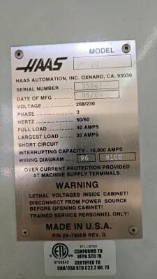 HAAS 3 AXIS CNC VERTICAL MACHINING CENTER; MODEL VF-2 - 12